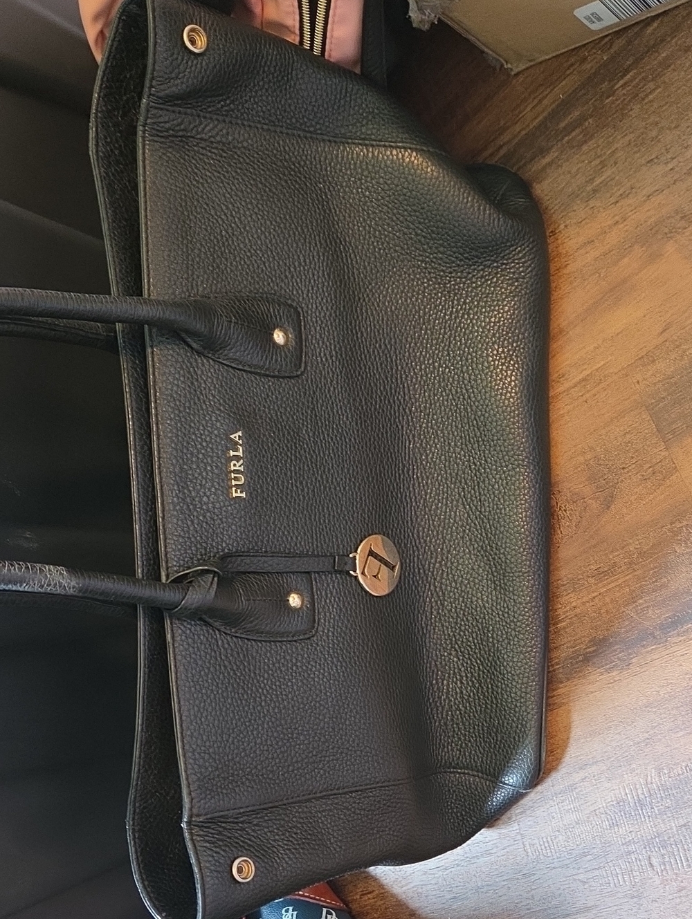 Furla Black Pebbled Leather Laptop Tote with Gold Charm